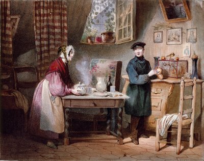 Gazdaság. Fiatal pár egy házban: a nő egy kortyot tesz az asztalra, a férfi pedig egy érmét tesz a malacperselybe. Jules David színes metszete (XIX. század) Párizs, Musee Carnavalet alkotó: Jules David