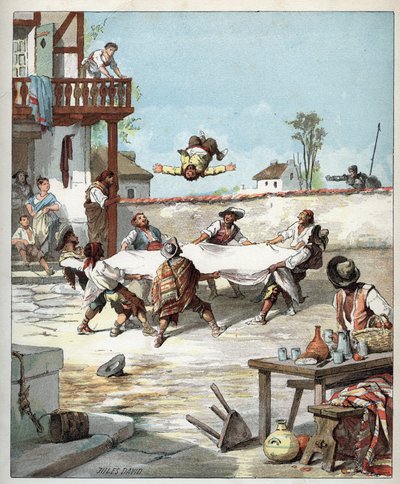 Az Innben Sancho Panza emberkezelt, gazdája Don Quijotét hívja, hogy segítsen neki - A szállodában des gaillardok készítik Sancho Panzát egy takaróval, Sancho hív, hogy segítsen gazdájának Don Quijote - Jules David (1808-1892) illusztrációja Histoir alkotó: Jules David