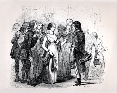 Madame de Stael (1766-1817) Napóleon Bonaparte-ot (1769-1821) faggatja a legjobb nőkről, Emile Marco de Saint-Hilaire Napóleon című művéből, Bernard metszete, Párizs, 1843 alkotó: Jules David