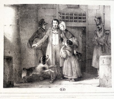 A férfi elhagyja a börtönt és újra egyesül családjával, c. 1830. alkotó: Jules David