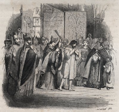 VI. Raymond vezeklése, Toulouse grófja – 1209. június 22-én VI. Raymond Toulouse grófja, akit III. Innocent pápa (Milon legat du pope) kizárt, mert nem üldözte a katarokat, azzal vádolják, hogy ő volt Pierre de Castelnau meggyilkolásának felbujtója. , kész alkotó: Jules David