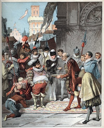Sancho Panzát nevezték ki Barataria sziget kormányzójává - Sancho Panzát Barataria szigetének örökös kormányzójává teszik - Jules David (1808-1892) illusztrációja a Don Quijote történetéből (Don Quijote) - 1887 - Miguel de Cervantes Saavedra (1547-1616) - alkotó: Jules David