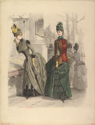 Két nő nappali ruhában: Előkészítő rajz egy divattányérhoz..., 1886. október 19. alkotó: Jules David