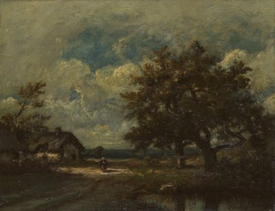 A házikó az út mellett, viharos égbolt alkotó: Jules Dupré