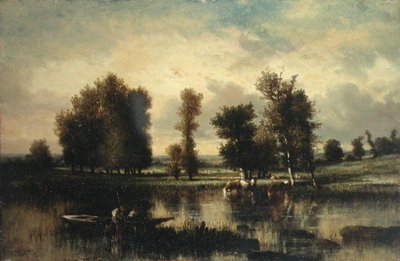 Csónak a folyó szélén (olaj a bölcsős panelen) alkotó: Jules Dupré