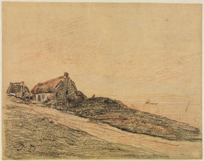 Parti táj Cayeux közelében két kunyhóval alkotó: Jules Dupré
