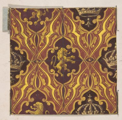 Tervezés burjánzó oroszlánokat és koronákat ábrázoló tapétákhoz, 1830-97. Alkotók: Jules-Edmond-Charles Lachaise, Eugène-Pierre Gourdet. alkotó: Jules Edmond Charles Lachaise and Eugène Pierre Gourdet