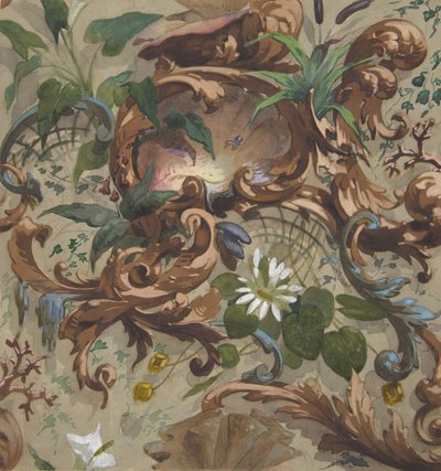 Kagylót, tavirózsát és gyékényt tartalmazó tapéta, 1830-97. Alkotók: Jules-Edmond-Charles Lachaise, Eugène-Pierre Gourdet. alkotó: Jules Edmond Charles Lachaise and Eugène Pierre Gourdet