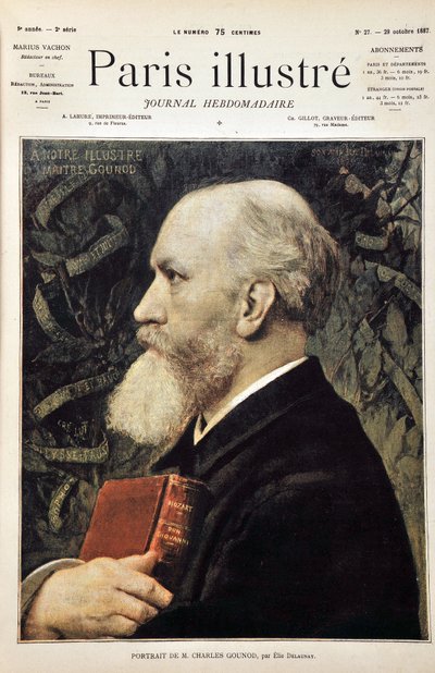 Charles Gounod portréja (Don Giovanni (Don Juan) partitúrájával, Mozart) Elie Delaunay portréja alapján. Metszet 1887-ből a „” Paris-Illustrous folyóirat hetilapjában”. alkotó: Jules Elie Delaunay