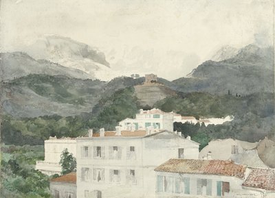 Vidéki házak a hegyek lábánál, magas hegyek a távolban, La Turbie alkotó: Jules Ferdinand Jacquemart