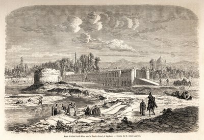 Az Allah Verdi Kahn híd, 1608 körül, Iszfahánban (vagy Iszfahánban) (Irán), átkelőhely a Zend e Roud folyón való átkeléshez, de egyben gát is a folyó folyásának szabályozásához, talárral, ill. tükrös kioszk, ahol a perzsa uralkodó ob alkotó: Jules Joseph Augustin Laurens