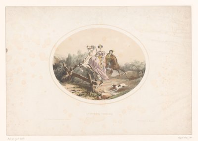 Nemesasszony lóval átugrik a kerítésen La Barrier Franchie (cím a tárgyon) alkotó: Jules Marie Desandre