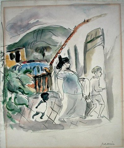 Nő és két gyerek (akvarell papíron) alkotó: Jules Pascin
