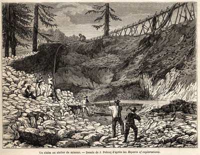Jules Pelcoq rajza egy kaliforniai bányászat vagy műhely, de Wogan báró 1850-1852-es kaliforniai utazásának történetét illusztrálja. Metszet a „” Le tour du monde, nouveau Journal des voyages”” Párizsban alkotó: Jules Pelcoq
