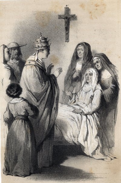 Assisi Szent Claire (Chiara) (kb. 1192-1253), a klaristák vallási rendjének alapítójának ábrázolása „Európa jeles asszonyaiban”. Írta: Drohojowska grófnő, szül. Latreiche Symon. Illusztratív rajzok: Jules David és Raunheim. 1850 körül alkotó: Jules and Raunheim Hermann David