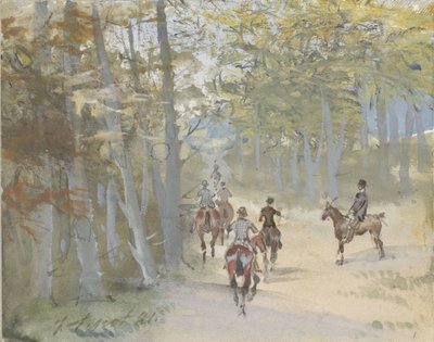 Erdei táj lovasokkal alkotó: Jules baron Finot