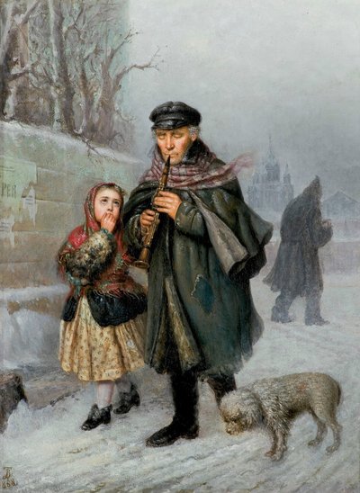 Klarinétos - Szentpétervári utcai jelenet (Koldus klarinétos lánnyal és kutyával). alkotó: Julian Bończa Tomaszewski