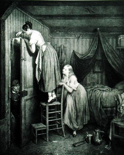 The Nosy Parker Punished, metszett: Alphonse Leon Noel (1807-84) (nyomtatás) alkotó: Julien (after) Vallou de Villeneuve