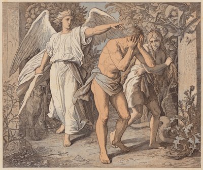 Ádám és Éva kiűzetése a Paradicsomból, Genezis, III, 23, 24 (színes metszet) alkotó: Julius (after) Schnorr von Carolsfeld