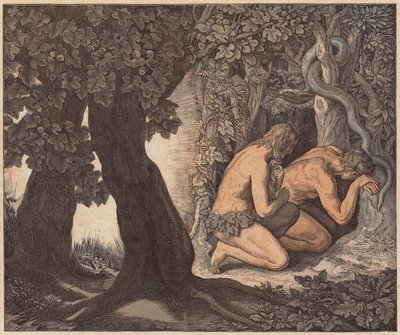 Ádám és Éva elrejtőzött a kertben, Genezis, III, 8. (színes metszet) alkotó: Julius (after) Schnorr von Carolsfeld