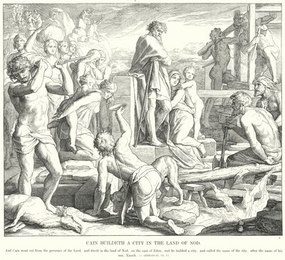 Káin várost épít Nod földjén (metszet) alkotó: Julius (after) Schnorr von Carolsfeld