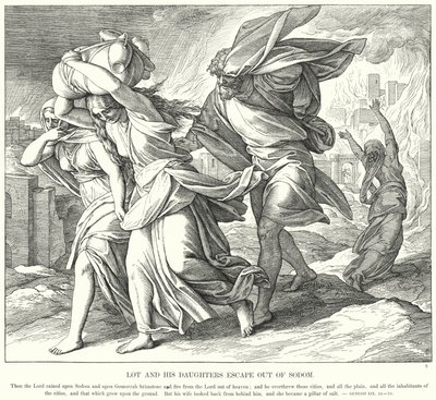 Lót és lányai kiszöknek Szodomából (metszet) alkotó: Julius (after) Schnorr von Carolsfeld