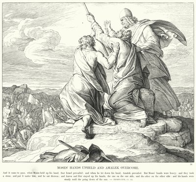 Mózes feltartott kezei és Amalek legyőzése (metszet) alkotó: Julius (after) Schnorr von Carolsfeld