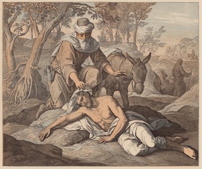 Az irgalmas szamaritánus, Szent Lukács, X, 33, 34 (színes metszet) alkotó: Julius (after) Schnorr von Carolsfeld