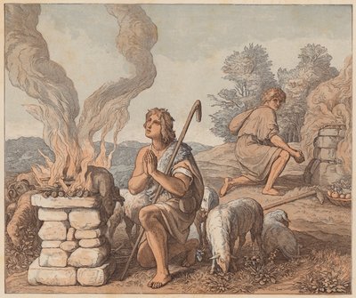 Káin és Ábel áldozatai, Genezis, IV, 3, 4 (színes metszet) alkotó: Julius (after) Schnorr von Carolsfeld