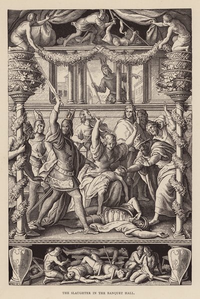 Mészárlás a díszteremben (metszet) alkotó: Julius (after) Schnorr von Carolsfeld
