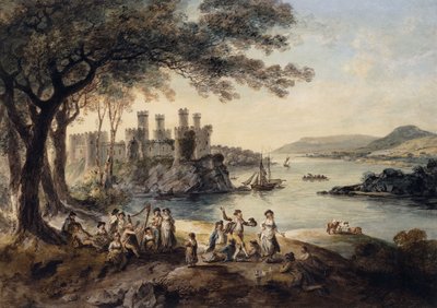 Conway kastély, John Smith "The Blind Harper"-vel az előtérben, 1796 alkotó: Julius Caesar Ibbetson