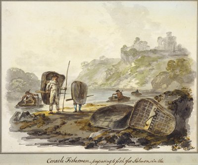 Coracle Fishermen- preparing to fish for salmon (akvarell, papír) alkotó: Julius Caesar Ibbetson