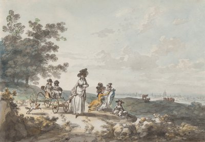 London kilátása a távoli Szent Pállal: Nő és gyerekek babakocsival, 1787. alkotó: Julius Caesar Ibbetson