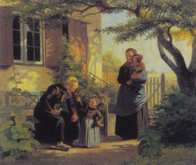Egy kislány hagyta, hogy egy öregember megszagoljon egy virágot. alkotó: Julius Exner