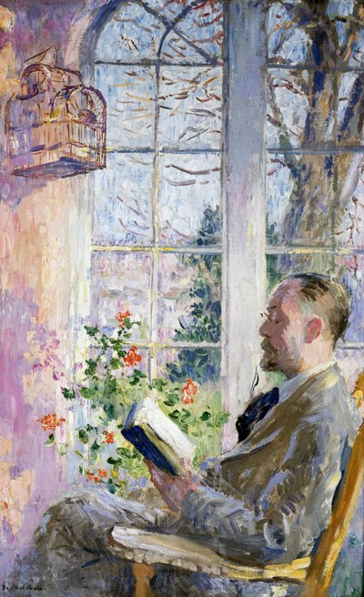 "A verandán" Egy férfi könyvet olvas, egy kalitka, rajta egy madár lóg. Julius Gari Melchers (1860-1932) festménye. alkotó: Julius Gari Melchers