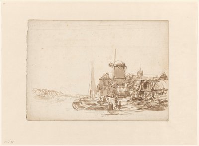 Város szélmalommal a csatornán alkotó: Julius Jacobus van de Sande Bakhuyzen