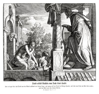 Dávid meglátja Betsabét a háztetőn, 2Sámuel alkotó: Julius Schnorr von Carolsfeld
