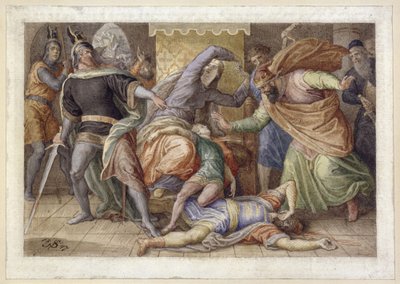 Hagen megöli Ortliebet (a haldokló Ortlieb Kriemhild ölében; a Nibelung-ének nyomán) alkotó: Julius Schnorr von Carolsfeld