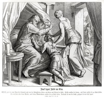 Izsák megáldja Jákóbot Ézsau helyén, a Genezisben alkotó: Julius Schnorr von Carolsfeld