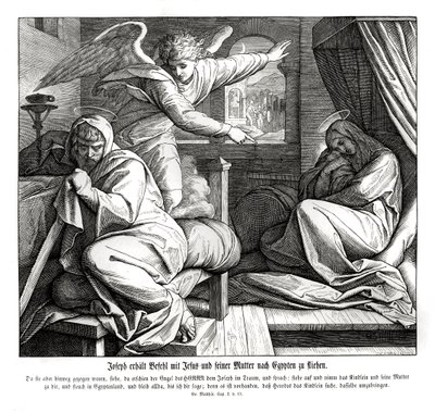 József figyelmeztetést kap, hogy meneküljön Egyiptomba, Máté evangéliuma alkotó: Julius Schnorr von Carolsfeld