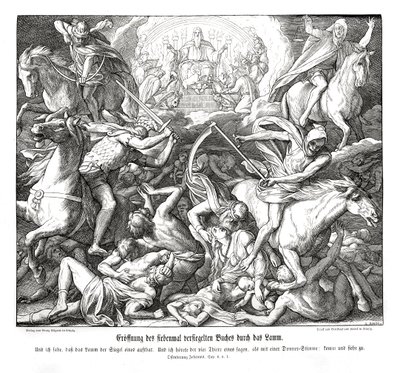 Az első pecsét felnyitása a Bárány által, Jelenések könyve alkotó: Julius Schnorr von Carolsfeld