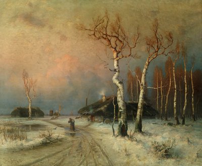 Falu erdős téli tájon (olaj) alkotó: Julius Sergius Klever