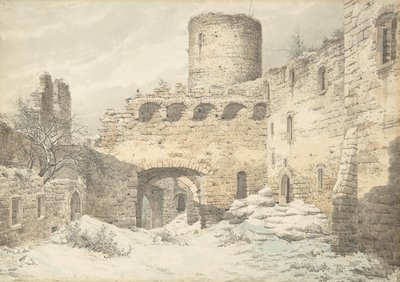 Téli kilátás egy középkori romos vár udvarára, 1832. alkotó: Julius von Leypold