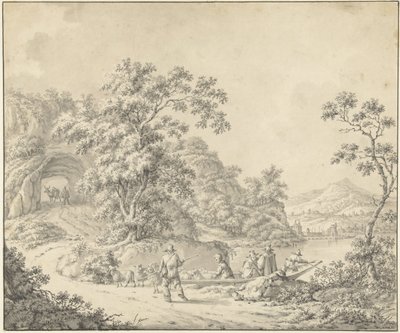 Táj egy csónakkal, amelyben egy pásztor a nyájával alkotó: Jurriaan Andriessen (attributed to)