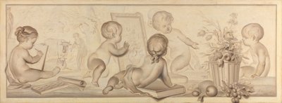 Hat putti virágokkal és gyümölccsel, valamint a rajzművészet attribútumaival alkotó: Jurriaan Andriessen (signed by artist)