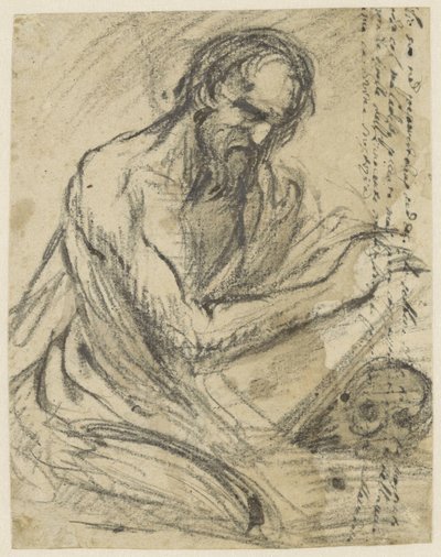 H. Hieronymus, egy könyvben ír, amint egy koponya fölött tart alkotó: Jusepe de Ribera