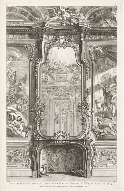 Bielenski gróf lengyel korona nagymárkájának 1734-ben készült kabinetje; tükrös kandalló, a tartópanel egy részével és festményekkel mindkét oldalon, 1. tábla. alkotó: Juste Aurèle Meissonnier