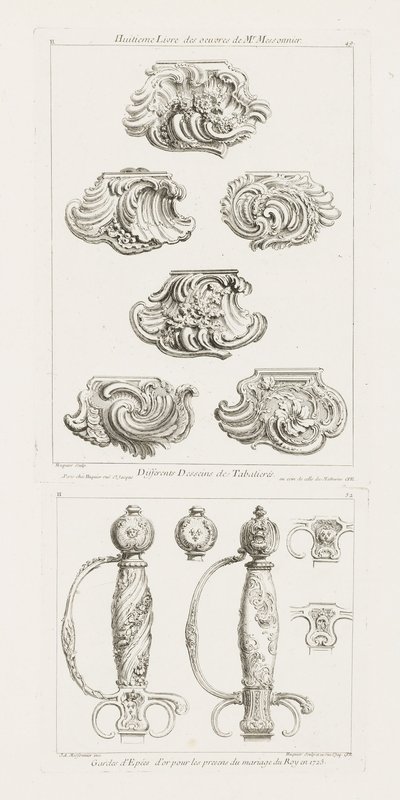 Különböző minták a tubákos dobozokhoz, első oldal [Különböző tubákdobozok kialakítása], p. 49 in Work alkotó: Juste Aurèle Meissonnier