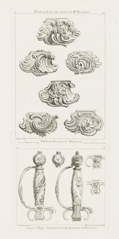 Arany kardőrök a király házassági börtöneiben 1725 -ben Kardfogantyú a király házasságának tiszteletére 1725 -ben, pl. 52 in Juste-Aurele Meissonnier munkája alkotó: Juste Aurèle Meissonnier