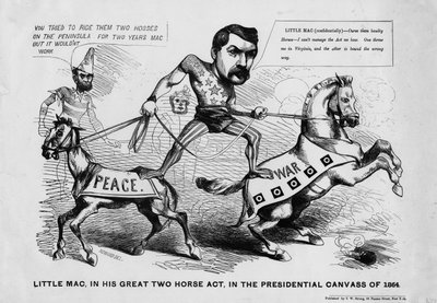 Little Mac, a nagy kétlovas előadásában, az 1864-es elnökválasztási kampányban, kiadta T.W Strong, New York, 1864 körül. alkotó: Justin Howard
